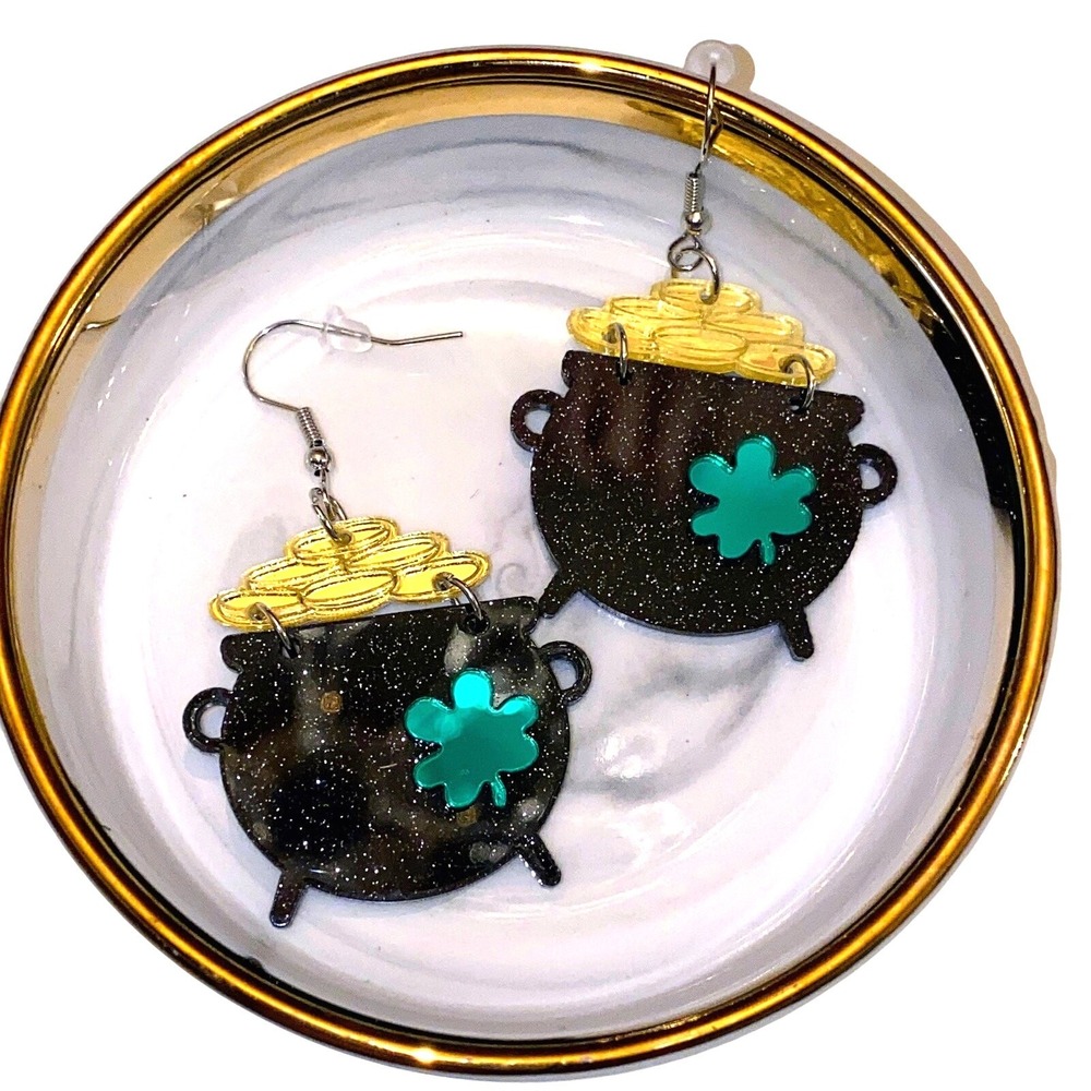 New Pot Gold Green Clover St Patricks‎ Day Irish Dangle Earrings Shamrock Lucky